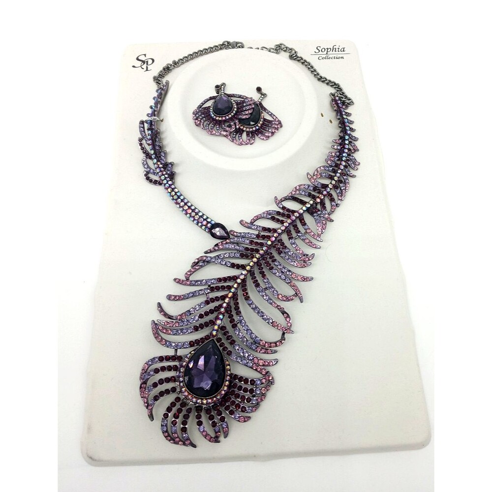 Sophia Purple AB Rhinestone Statement Necklace Earrings Set Peacock Feather